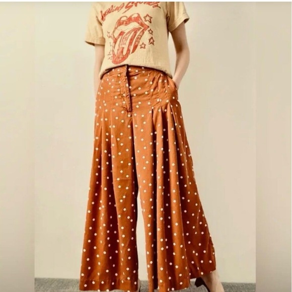 Anthropologie Pants - ANTHROPOLOGIE | ISOBEL Pleated Polka Dot Orange Wide Leg Pants Size S